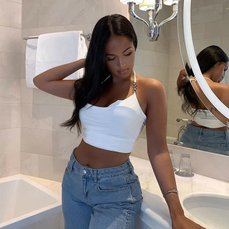 Halter Cowl Neck Crop Top with Chain DetailClistos