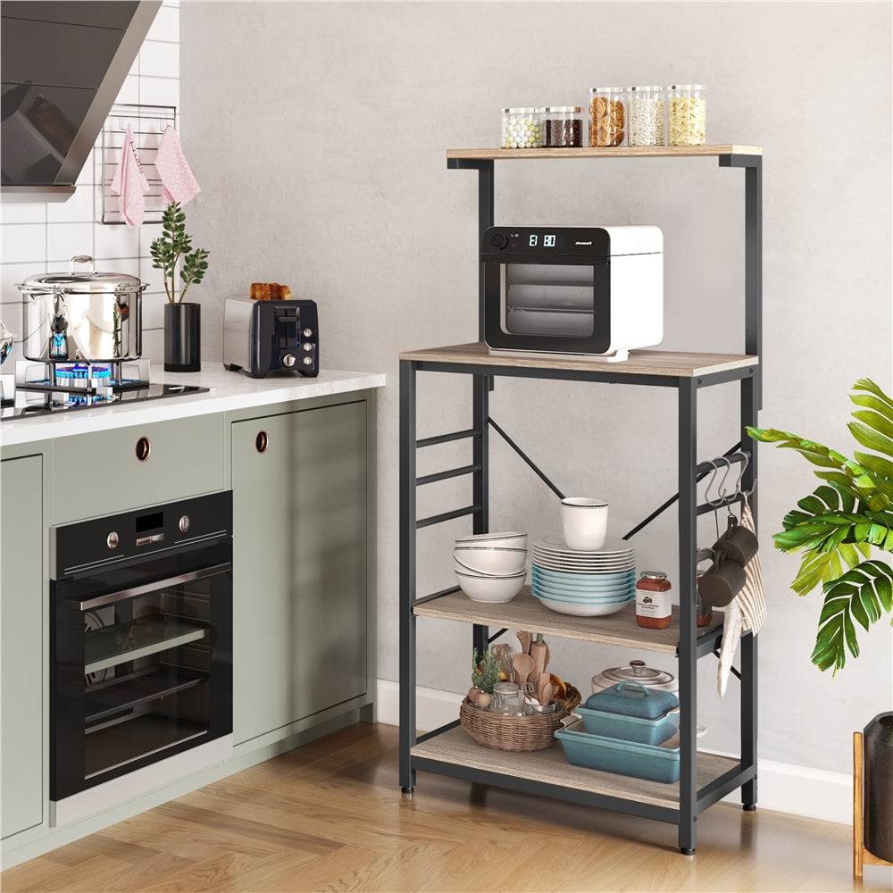 Topeakmart 4-Tier Kitchen Baker's Rack Utility Storage Shelf Microwave Stand Cart on Wheels with Side Hooks, Gray
