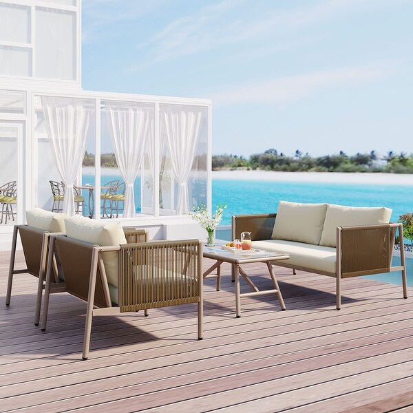 4Piece Rope Patio Conversation Set With Thick Cushions,With Toughened Glass Tabletop