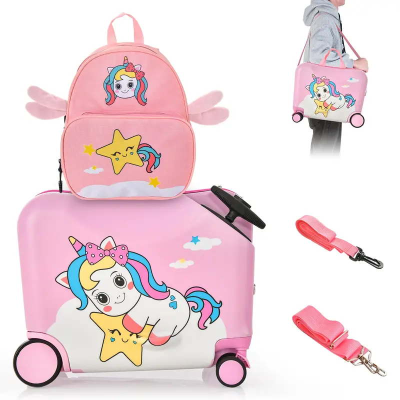 Two-Piece Kids’ Luggage Set – 18″ Carry-On + Ride-On Suitcase with 360° Spinner Wheels