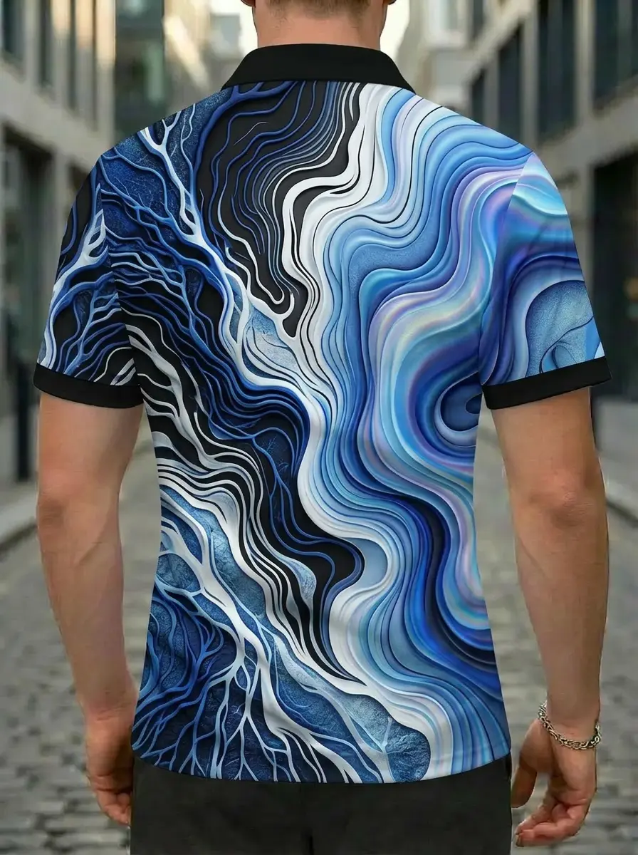 Moisture Wicking Golf Polo 3D Blue Black White Swirl Marble Button Short Sleeve Golf Polo Shirt