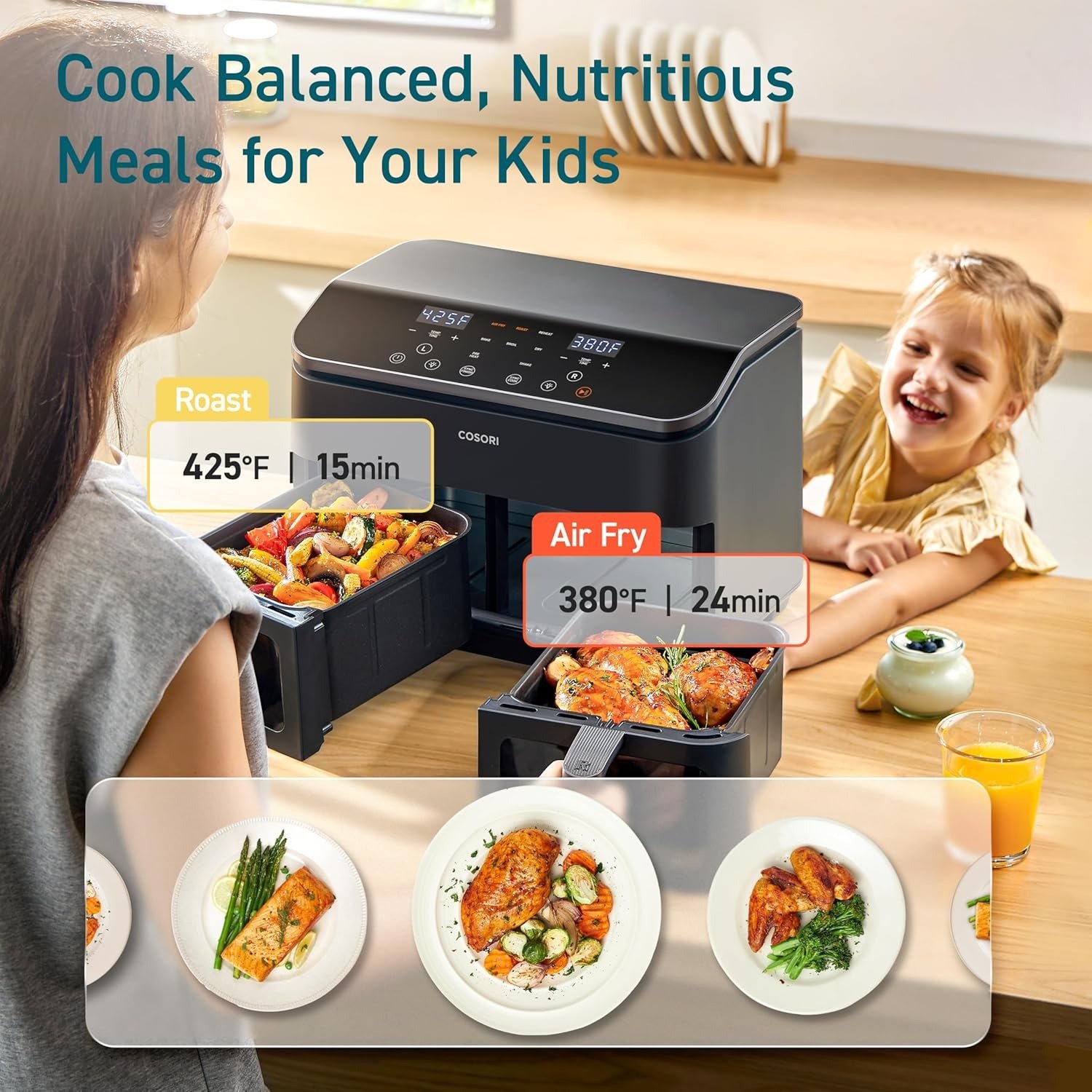 9Qt Dual Zone Air Fryer, 2-Basket Independent Cooking, Sync Finish, 12-in-1 Presets, LED Touch