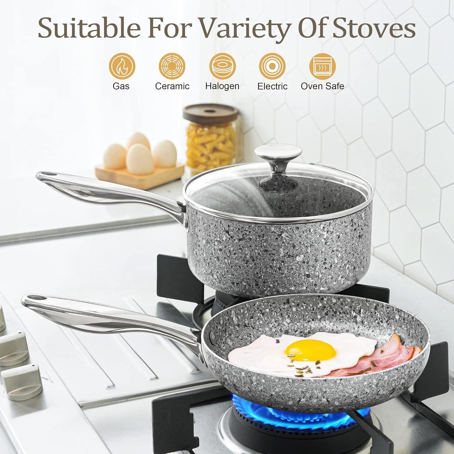 10-Piece Gray Granite Nonstick Cookware Set Induction Compatible Oven Dishwasher Safe PFOA Free