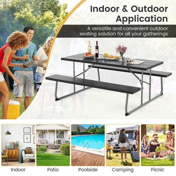 Folding Picnic Table Set with Metal Frame and AllWeather HDPE Tabletop,Umbrella Hole