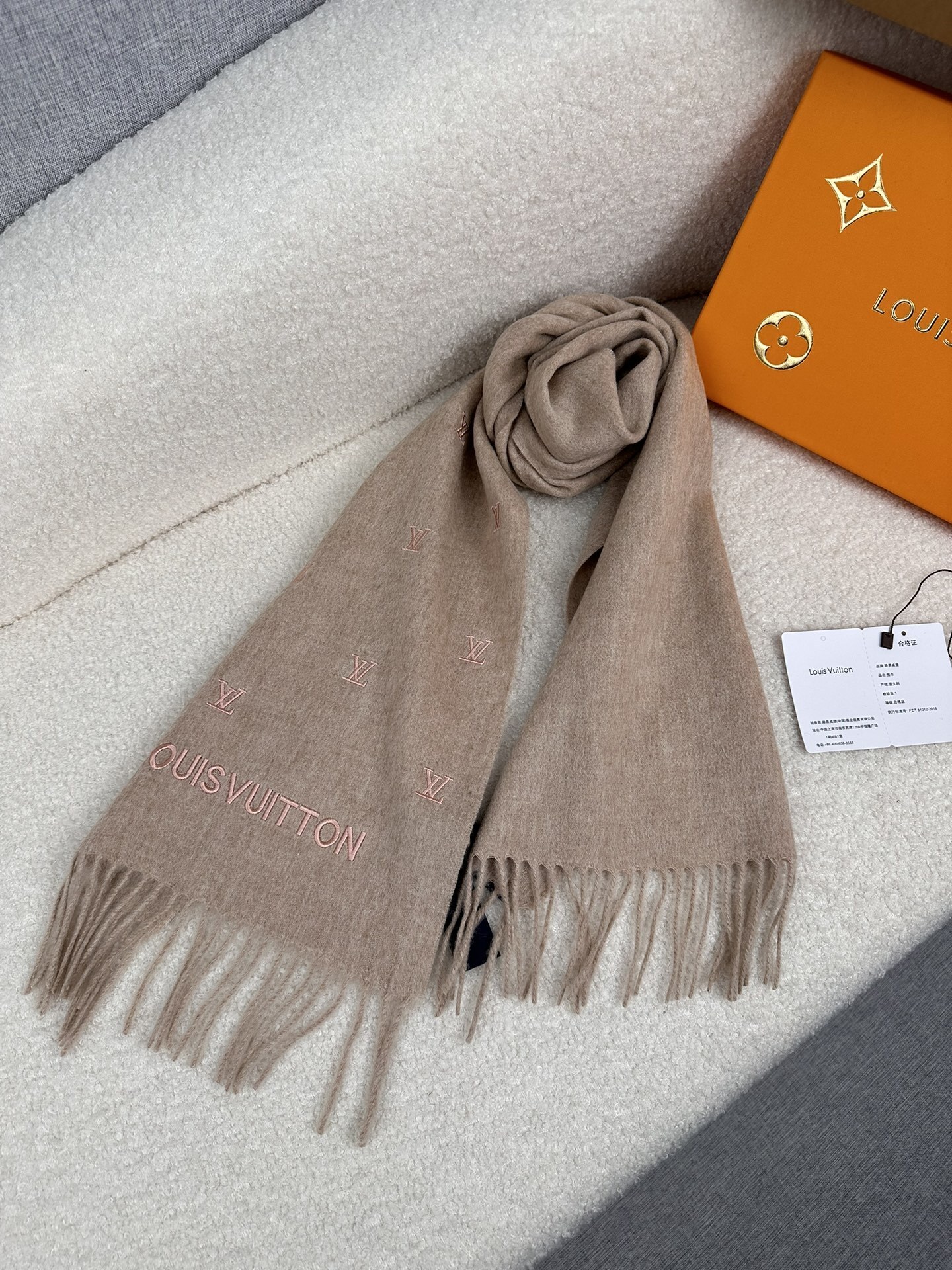 Louis Vuitton Monogram Cashmere Scarf Beige-Pink For Women 180cm