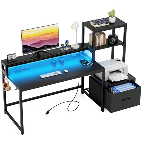 GreenForest Computer Desk with Drawers and Monitor Stand, Home Office Desk with Storage Shelves, Small Gaming Desk with Power Outlets and LED Lights for Study Writing Working, 51 inch Walnut