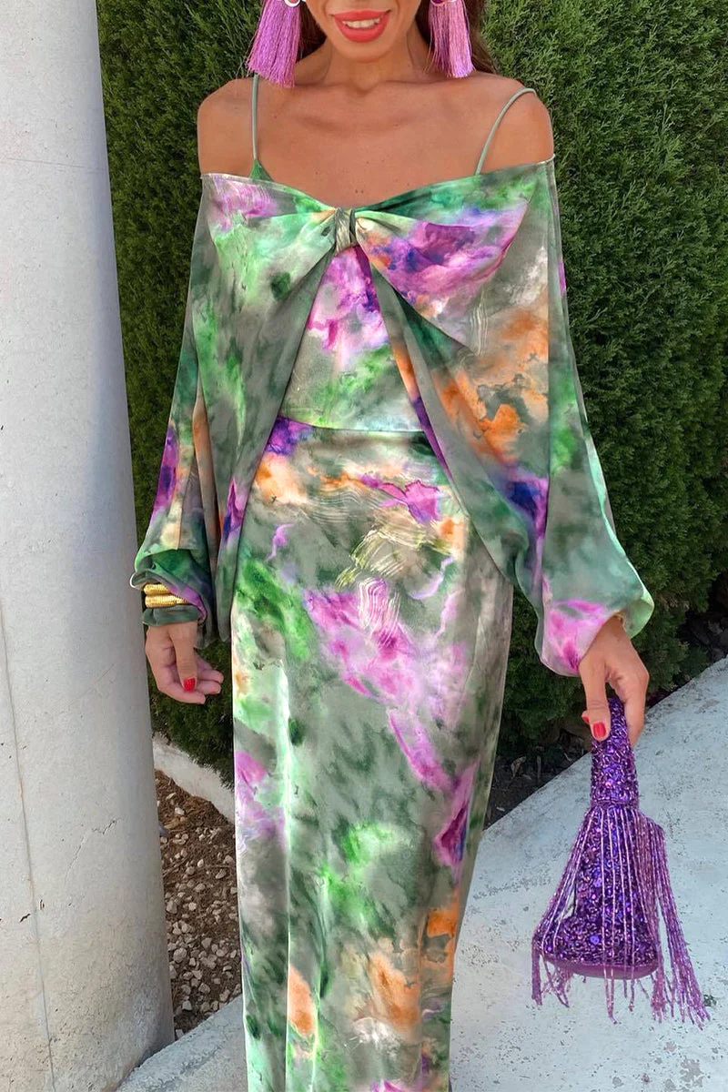 Elegant Floral Off Shoulder Long Sleeve Two Piece SetClistos