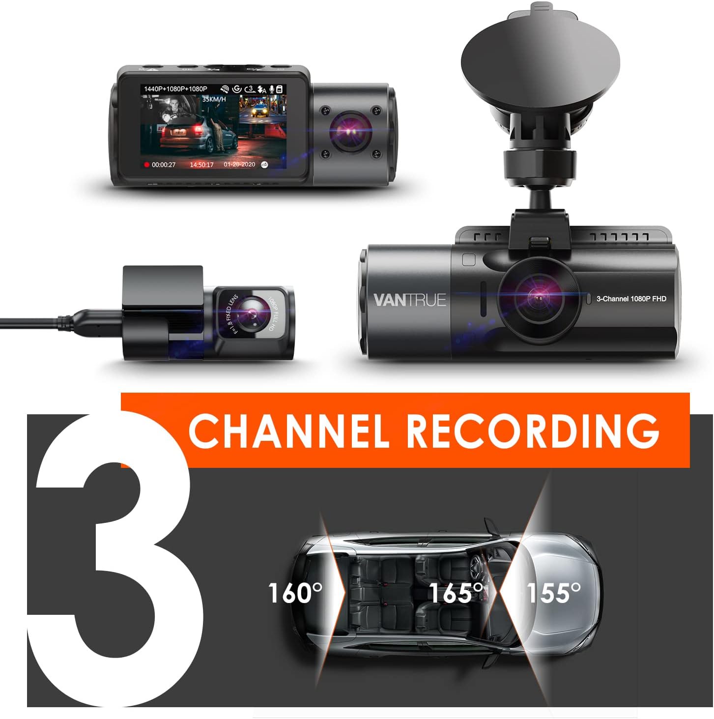Channel Dash Cam, 4K+1080P Front and Rear, 1440P+1440P Front and Inside, 1440P+1440P+1080P Three Way Triple Car Camera, IR Night Vision, 24 Hours Parking Mode, Support 256GB Max