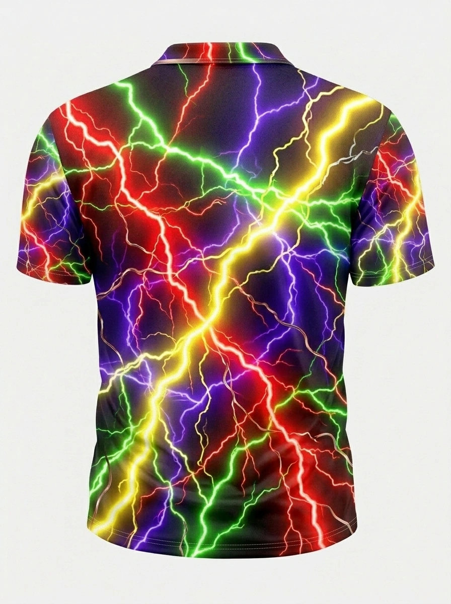 Moisture Wicking Golf Polo 3D Multicolor Rainbow Lightning Button Short Sleeve Golf Polo Shirt