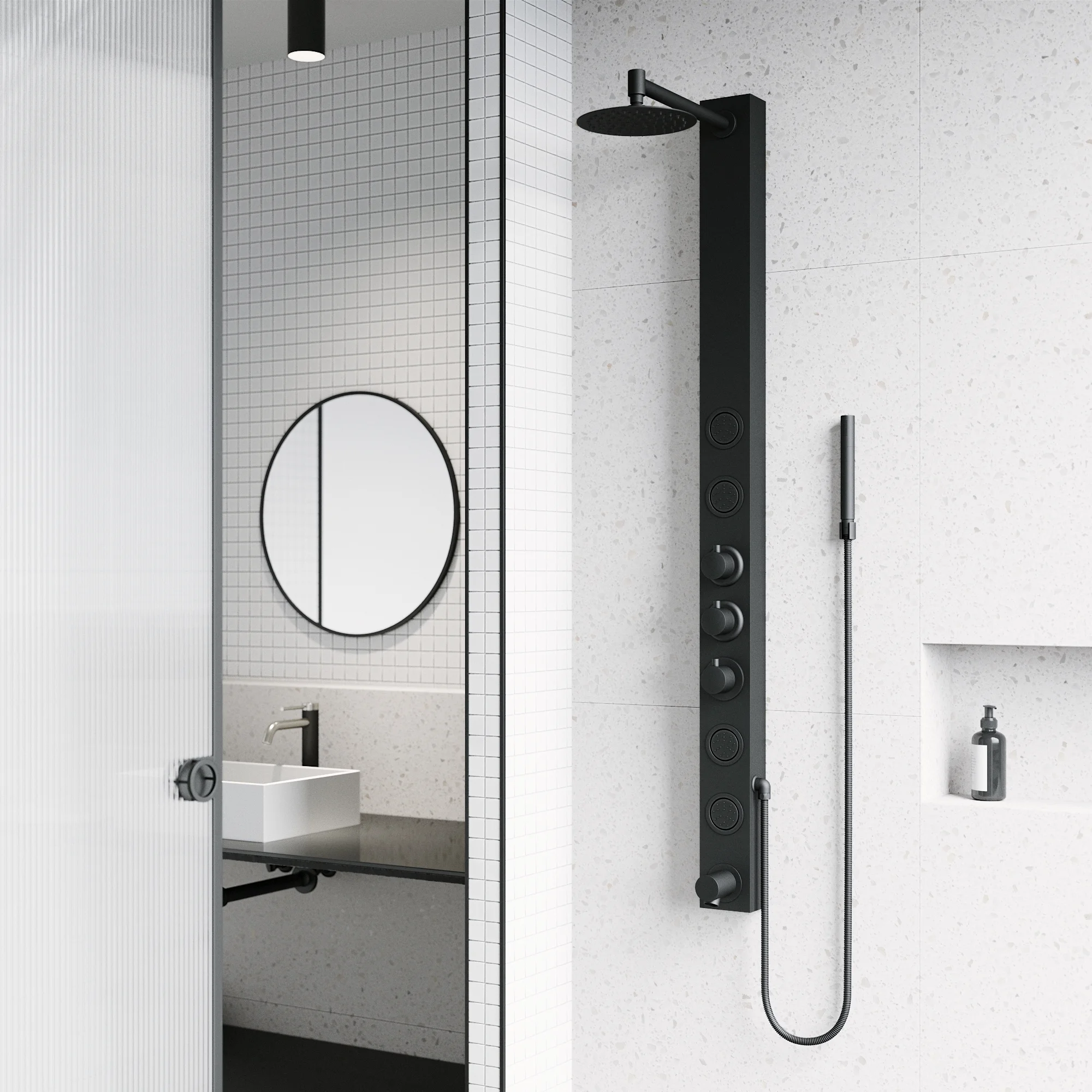 VIGO Bowery 58 in. H x 4 in. W 4-Jet Shower Panel System with Round Shower Head, Tub Filler and Hand Shower in Matte Black