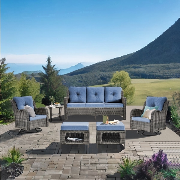 Rattan Wicker Patio Furniture Conversation Seating with 360�� High Back Swivel Chairs+Storage Ottomans,Bule Cushions Included??