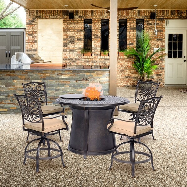Hanover Traditions 5Piece HighDining Set with 4 Swivel Chairs and a 40,000 BTU Casttop Fire Pit Table