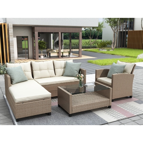 4 Pieces Outdoor Patio Rattan Sectional Set with Cushion and Table