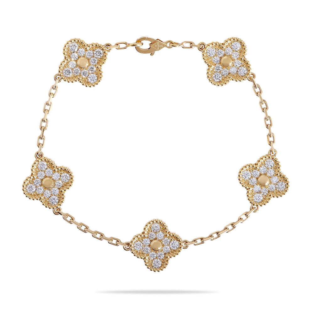 Van Cleef & Arpels Vintage Alhambra 5 Motifs Bracelet 18K Yellow Gold Diamond VCARA41400