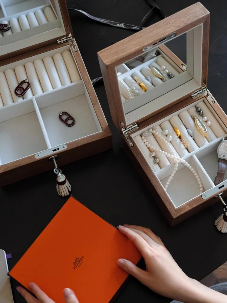 DC170 (Set) - HERME* Wood / Top layer leather patchwork makeup mirror large-capacity jewelry box ear stud storage box