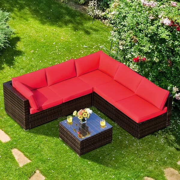 Costway 6PCS Patio Rattan Furniture Set Cushioned Sofa Coffee Table