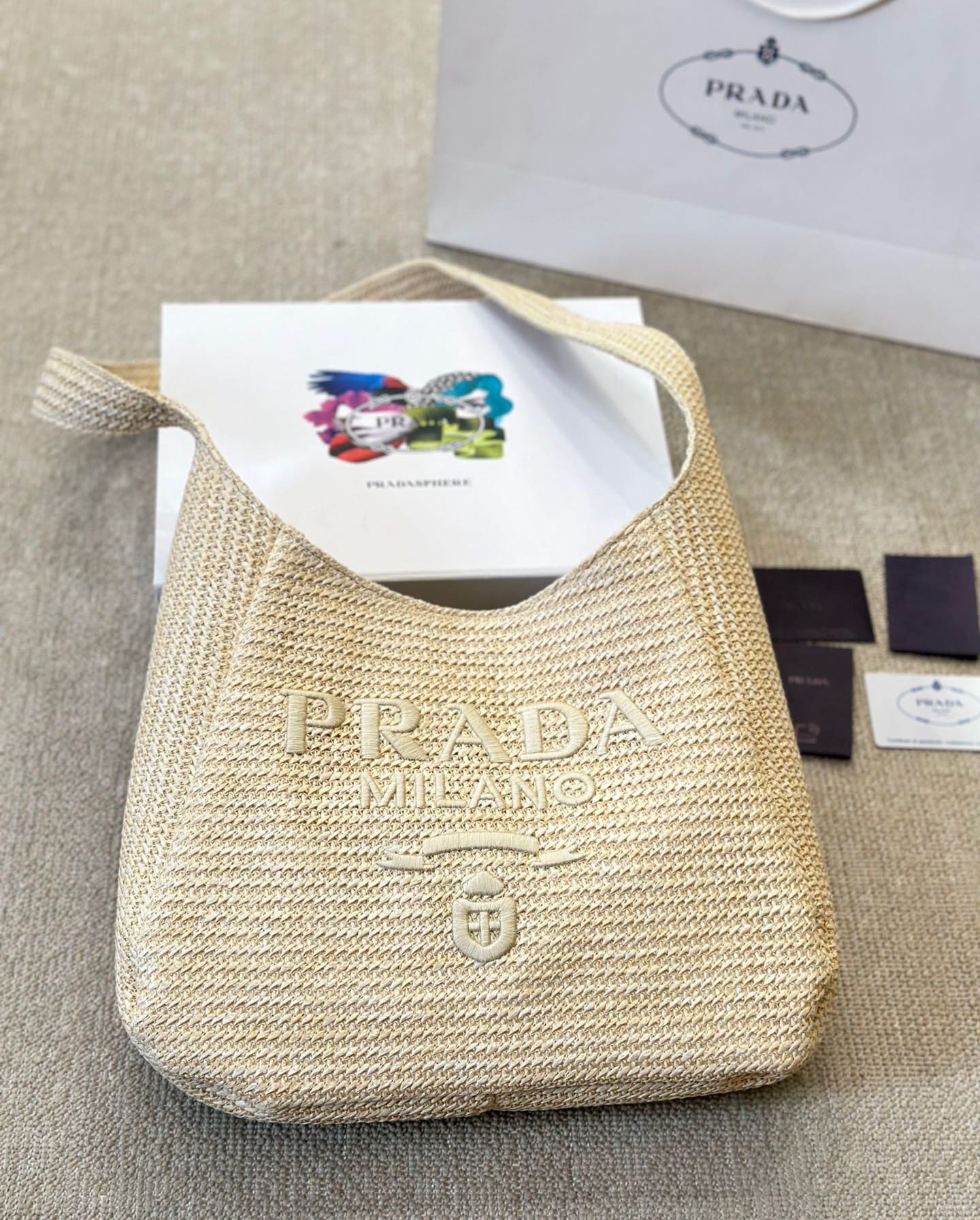 Prada Logo Embossed Raffia Shoulder Bag Beige 33Cm