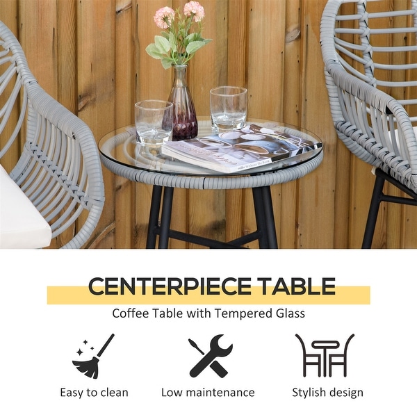 3 Piece Patio Set,PE Rattan Wicker Chairs and Table with Tempered Glass