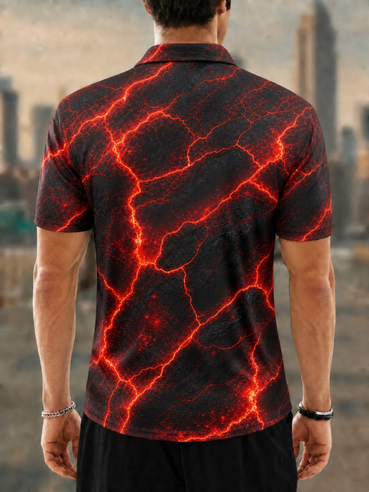 Moisture Wicking Golf Polo 3D Red Lava Crack Rock Button Short Sleeve Golf Polo Shirt