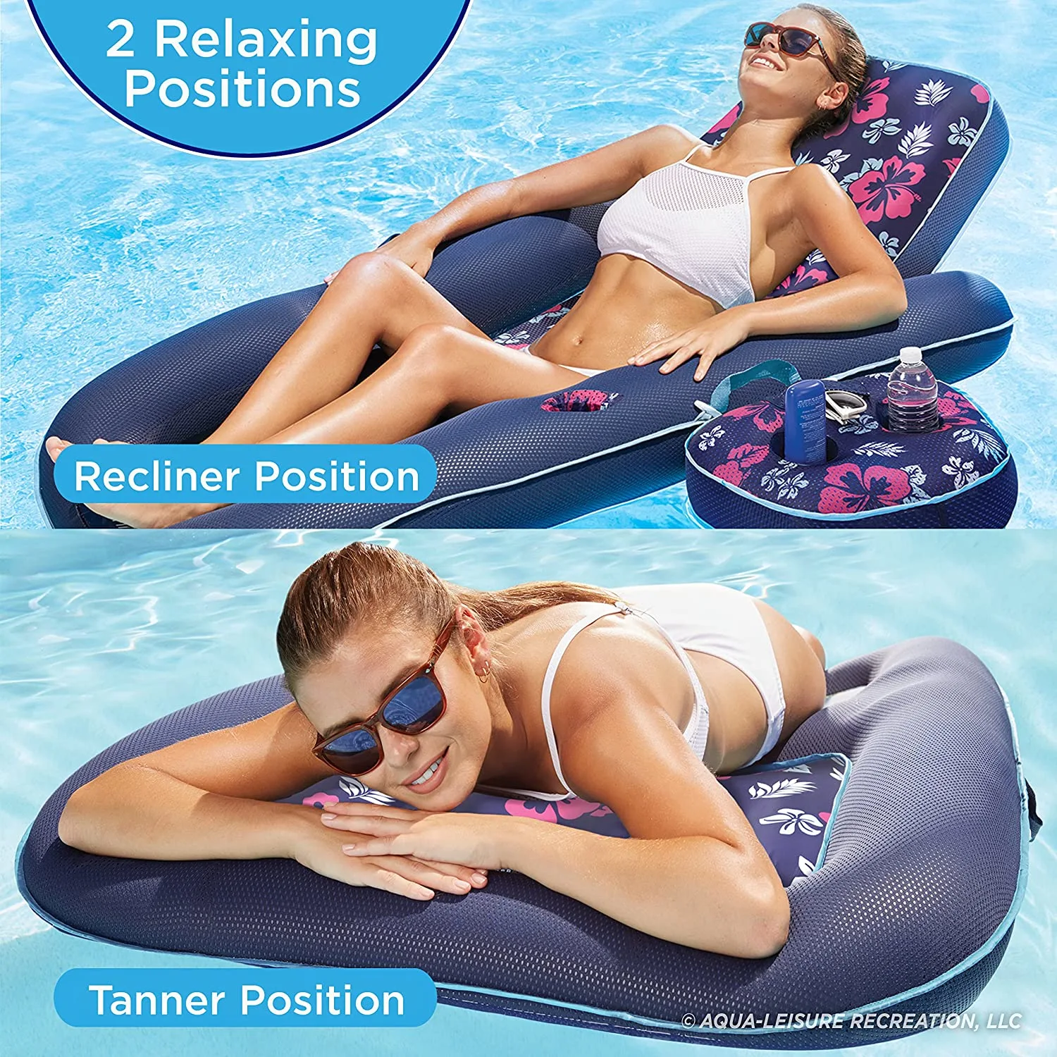 Aqua Campania Ultimate 2-in-1 Pool Float Lounge �C Extra Large �C Inflatable Pool Floats for Adults with Adjustable Backrest and Cupholder Caddy �C Navy Hibiscus