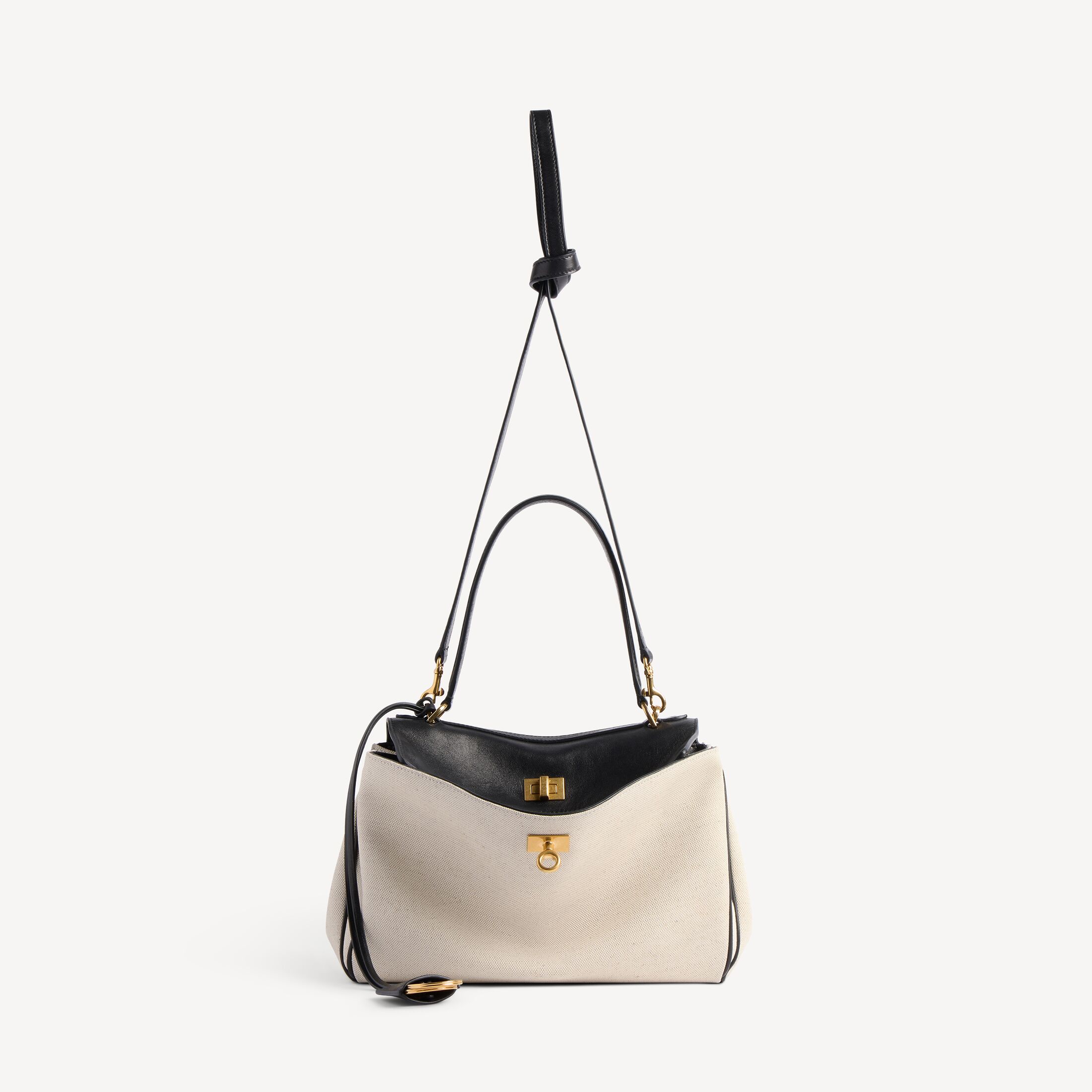 WOMEN'S RODEO HANDBAG SMALL IN BEIGE/BLACK Rodeo Handbag Small in natural beige linen canvas and black vegetal tanned lambskin, aged-gold hardware