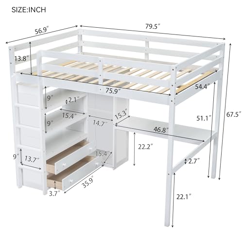 Harper & Bright Designs Full Size Loft Bed with Desk, Storage Shelves and Drawers, Solid Wood Loft Bed Frame with Built-in Wardrobe, Walnut