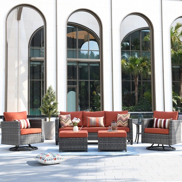 OVIOS 6piece Wicker Sectional Sofa Swivel Rocking Chair Set