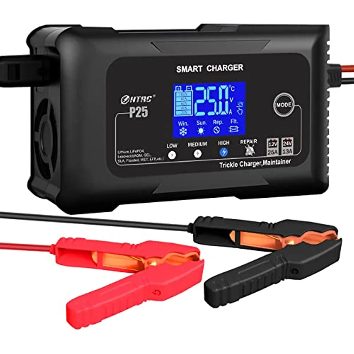 2026 25-Amp Smart Battery Charger,Lithium,LiFePO4,Lead-Acid AGM/Gel/SLA.. Car Battery Charger,Trickle Charger, Maintainer/deep Cycle Charger,12V/25A and 24V/13A,for Motorcy,Boat,Lawn Mower