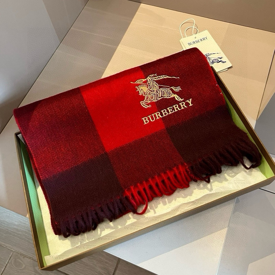 Burberry Cashmere Scarf Checkered Red For Women 180cm