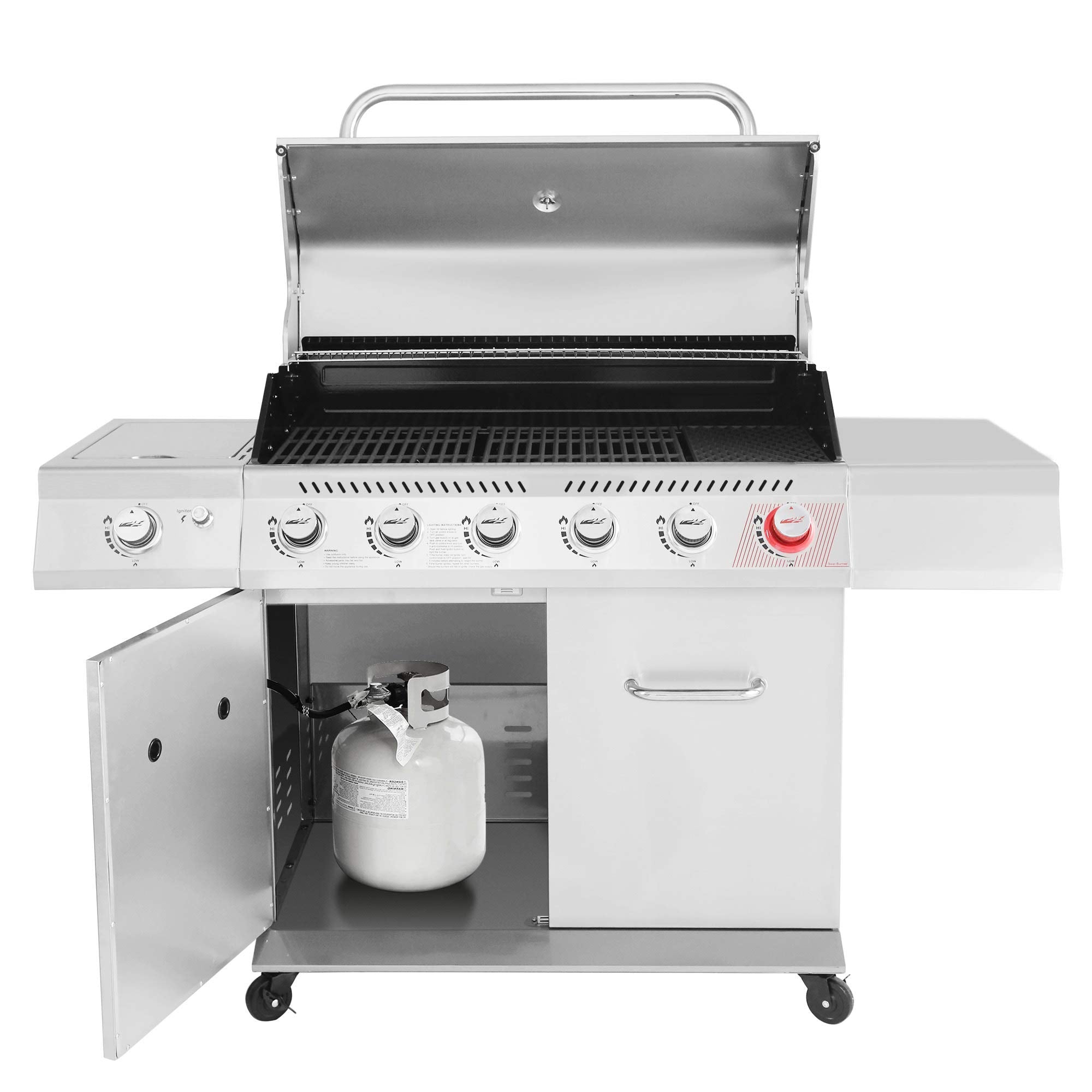 2026 Gourmet GA6402S Stainless Steel Gas Grill, Premier 6-Burner Propane Grill with Sear Burner and Side Burner, 74,000 BTU, Cabinet Style, Outdoor BBQ Party Grill, Silver