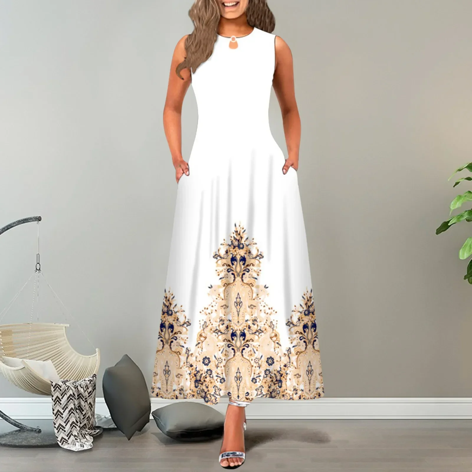 Elegant Floral Maxi Dress with PocketsClistos