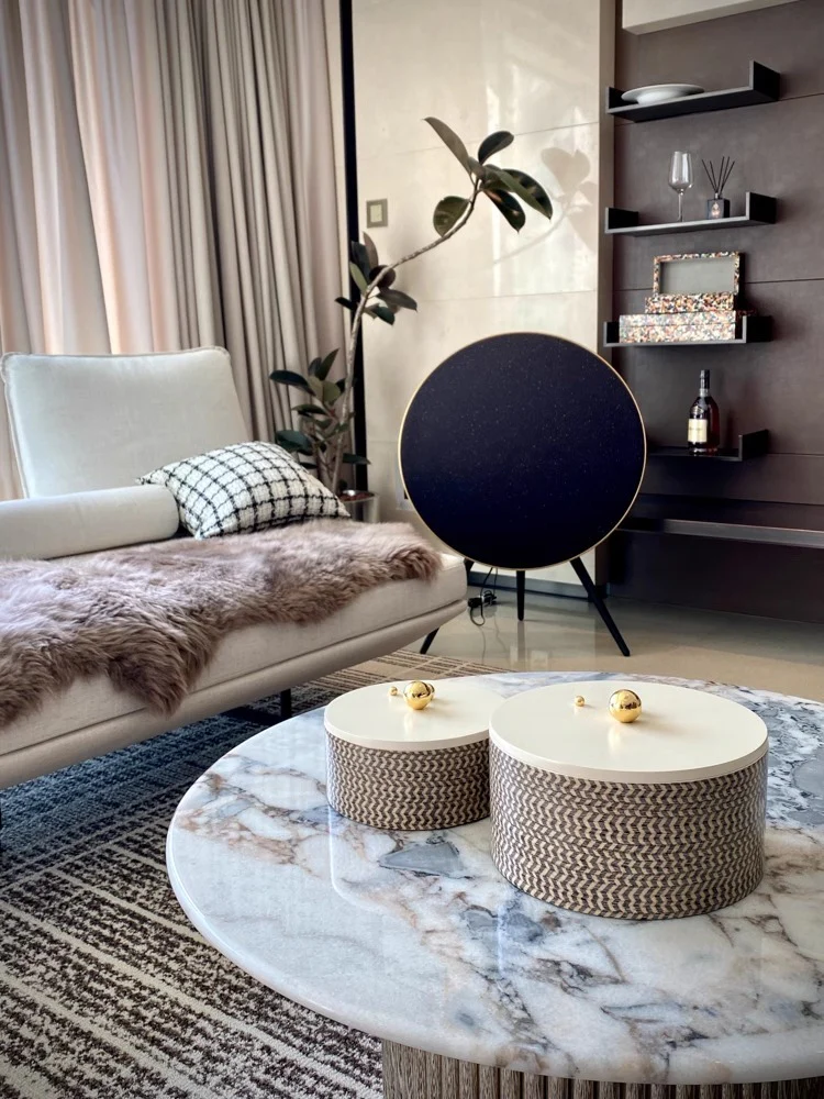 DC076 (Small) - Home Exclusive Loro Piana Chevron Copper Gold Handle Round Storage Box Living Room Sideboard Decoration