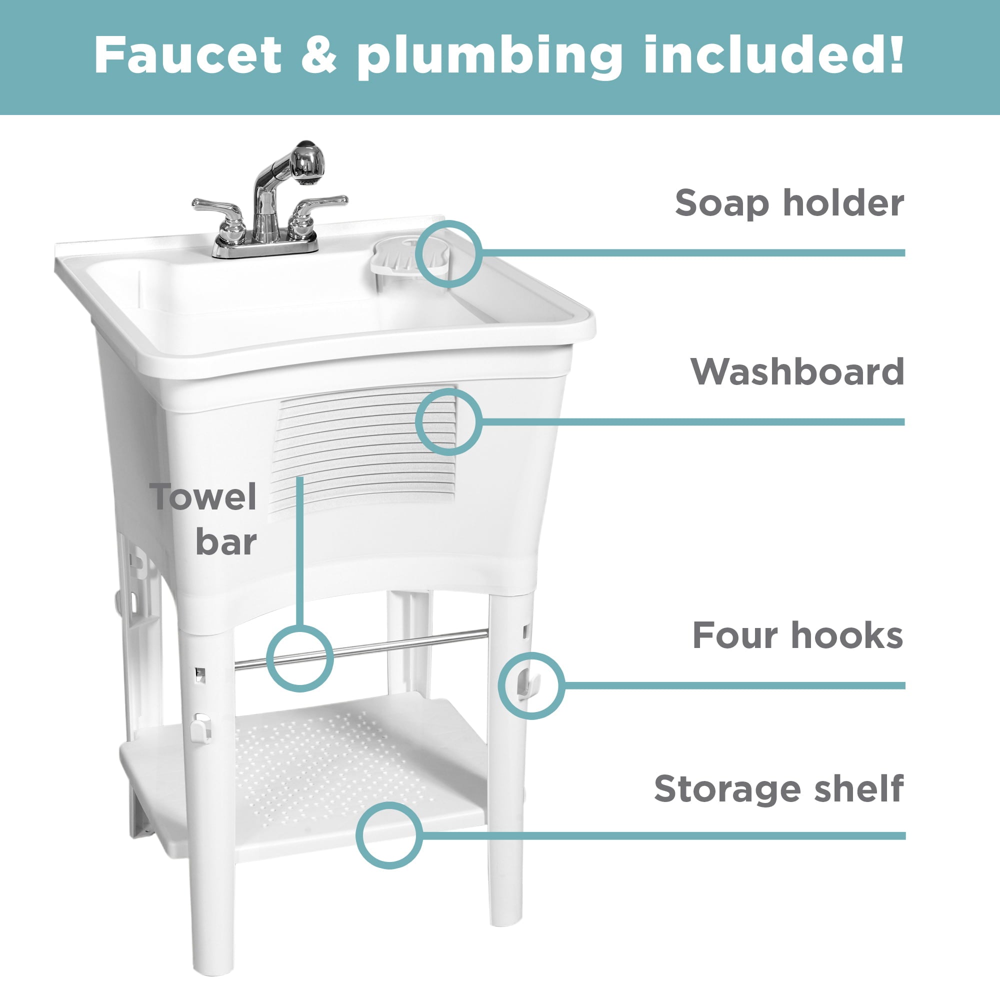 Zenna Home Ergo Tub Utility Sink with Pull-Out Faucet: Laundry Tub with 24″ W x 24″ H Sink, in White