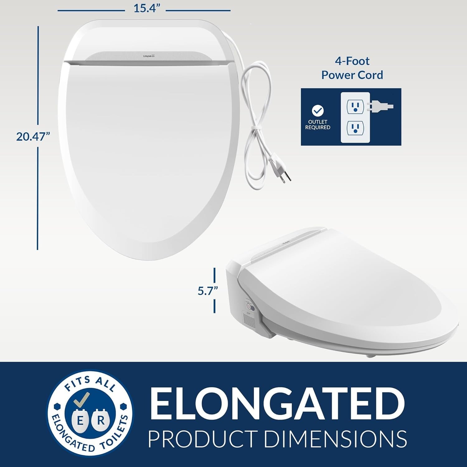 Elongated Electric Bidet Toilet Seat with Warm Water & Dryer, Wireless Remote Bidet