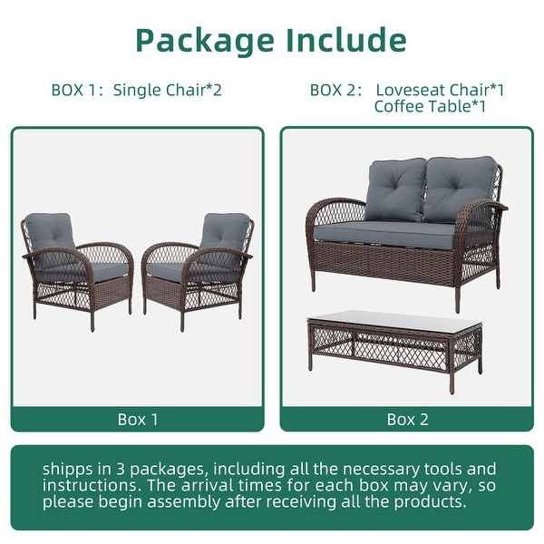 UPHA 4Piece Brown Wicker Patio Conversation Deep Seating Set with Coffee Table and Cushions