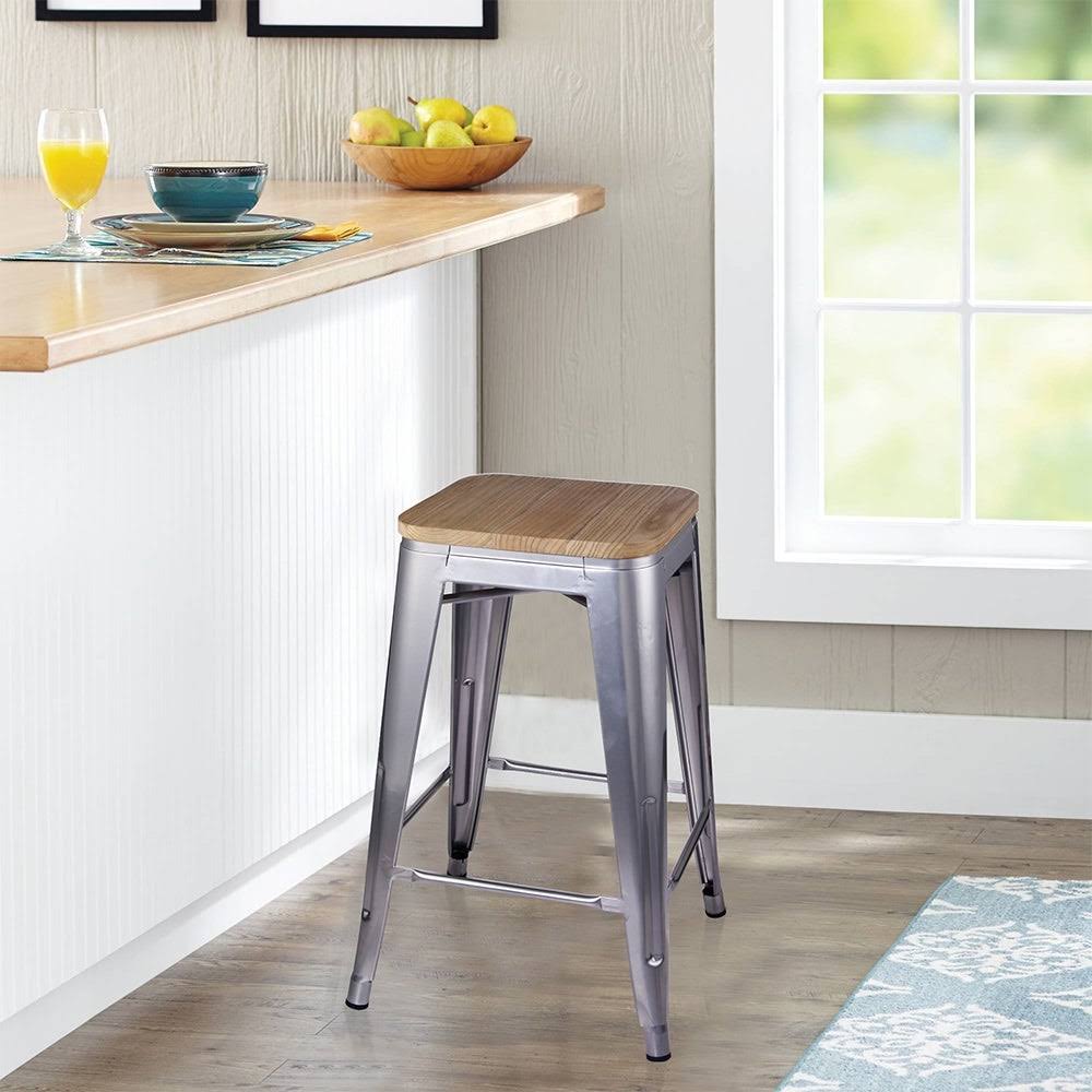 GIA Silver/Gray/Black 24x22 Backless Metal Stool with Light/Dark Wooden Seat(Set of 2) - Grey