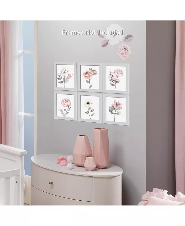 Lambs and Ivy Watercolor Floral Unframed Nursery Child Wall Art 6pc - Pink Gray