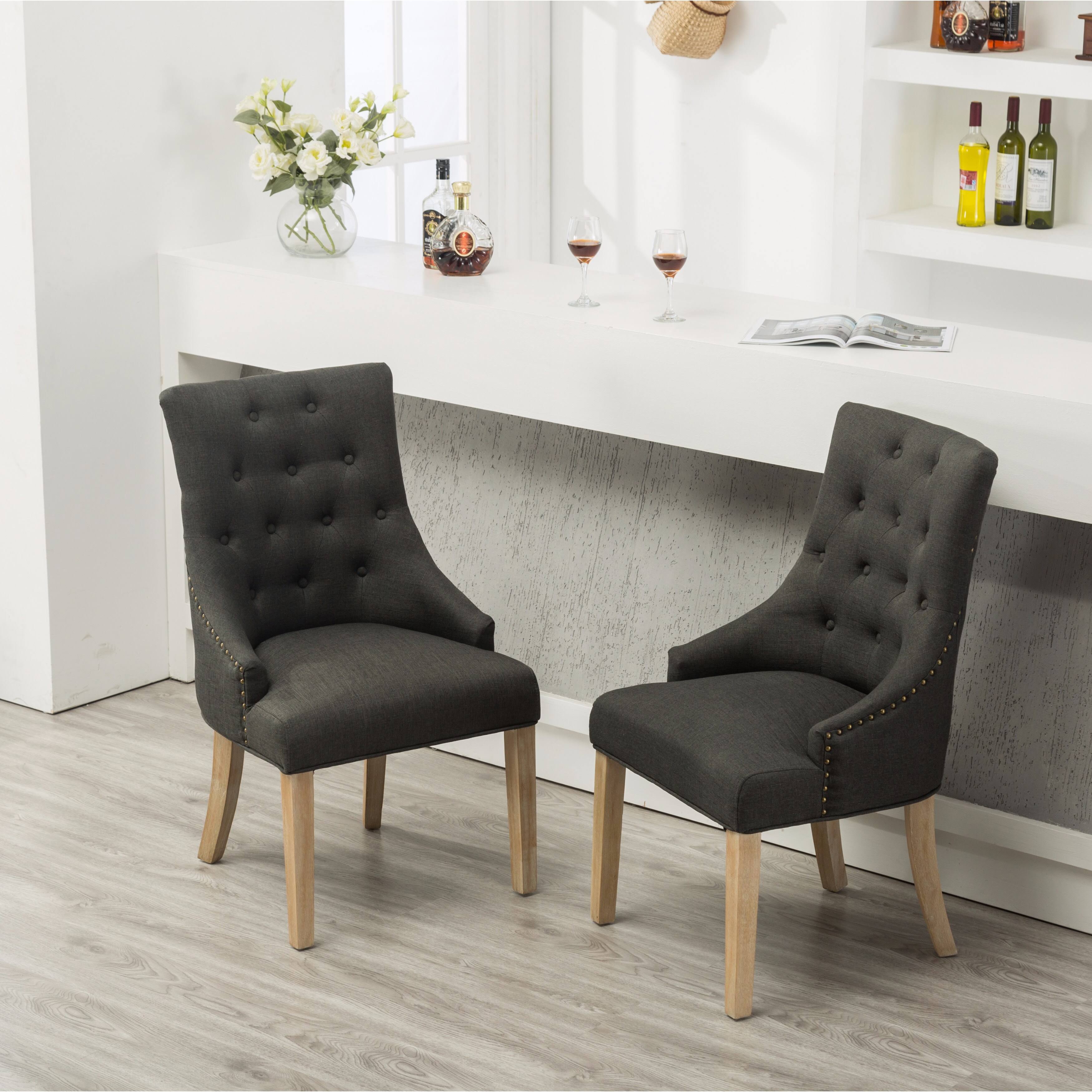 Roundhill Furniture Button Tufted Solid Wood Wingback Hostess Chairs with Nail Heads, Set of 2, Charcoal