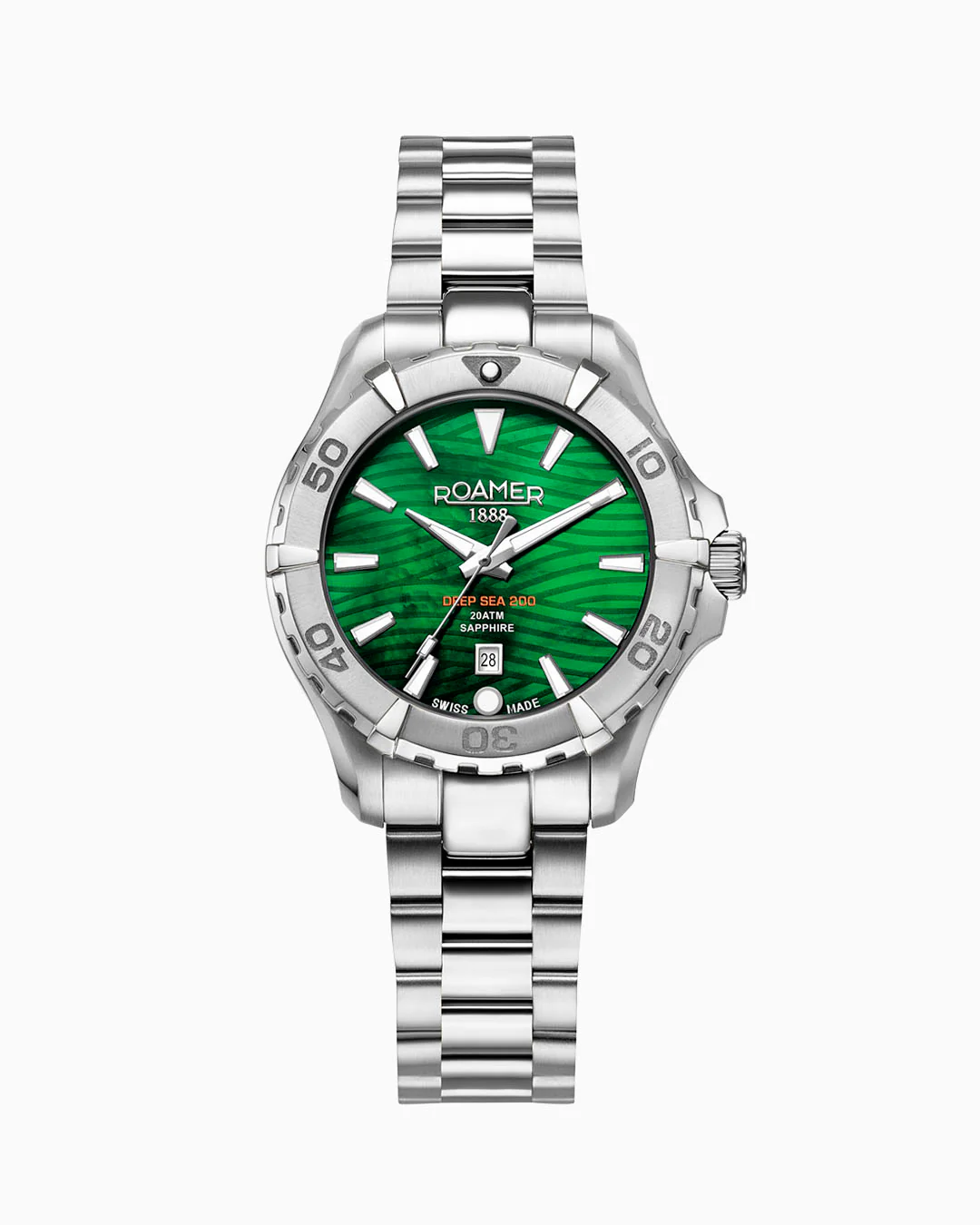 Deep Sea 200 Ladies 34 mm Quartz Three-Hand Date Green Dial Silver Bracelet Sapphire glass Stainless Steel swiss watch