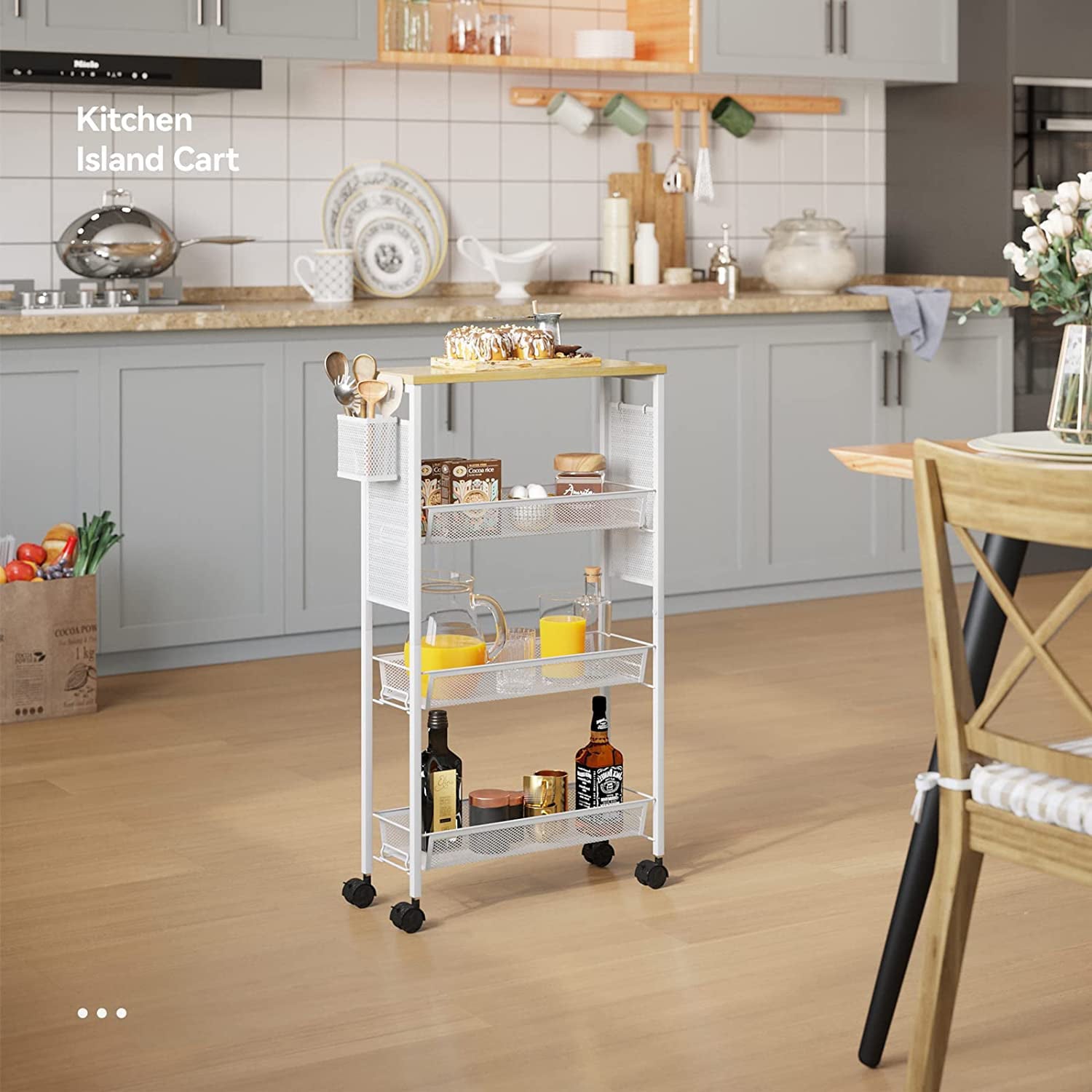 YITAHOME 4-Tier Slim Rolling Cart, Kitchen Cart with Wheels, Storage Cart with Wooden Tabletop and Mesh Baskets, Mobile Utility Cart for Narrow Space for Kitchen, Bathroom, Laundry Room,White