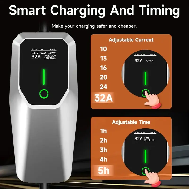 Portable EV Charging Station – 32A Level 1 & 2 Charger with 26ft Cable and NEMA 14-50 Plug (7.68 kW) for Home Use