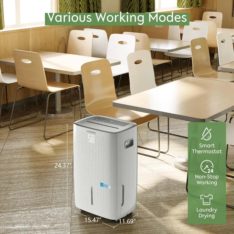 Waykar High-Capacity Dehumidifier – 2,000 Sq. Ft. Coverage with Manual/Auto Drain Options and 0.66-Gallon Removable Tank