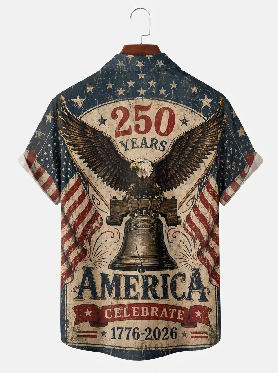 Men's printed shirts, 250 Years America Eagle & Liberty Bell Retro Aloha Shirt