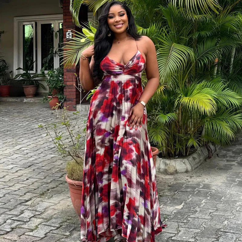 Printed Maxi Dress with Plunging NecklineClistos