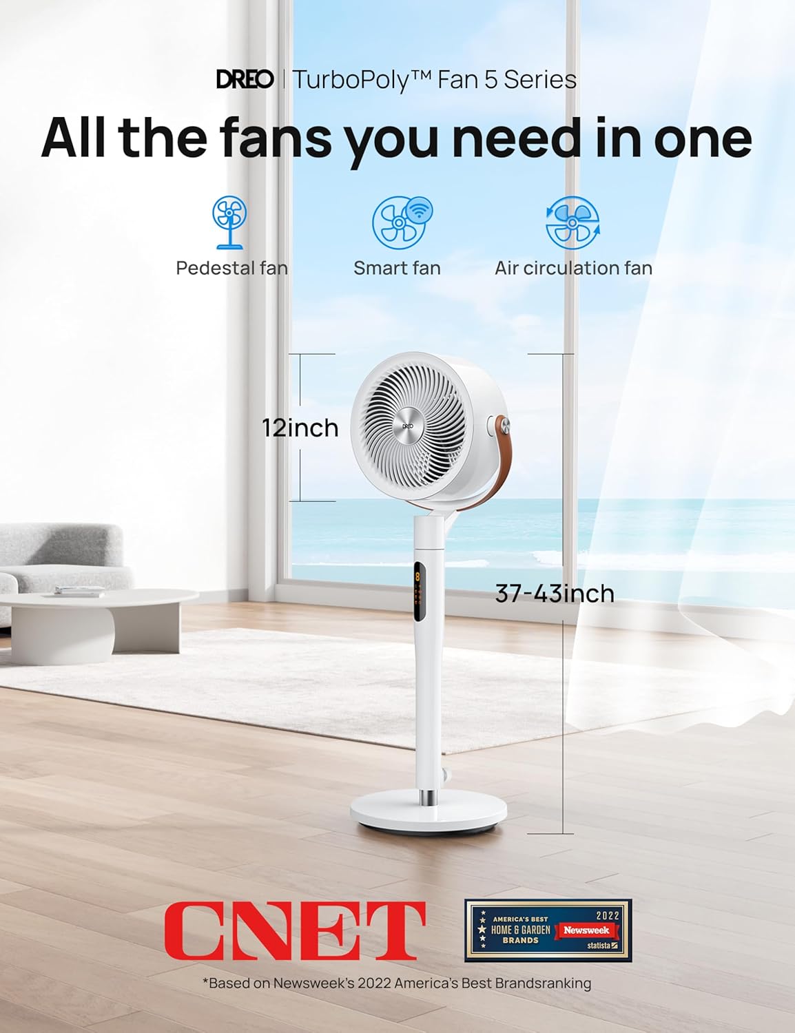 Dreo Pedestal Fan with Remote, PolyFan 513S, 43'' Quiet Standing Fan for Home Bedroom, 120°+105° Smart Oscillating Floor Fans with Wi-Fi/Voice Control, Works with Alexa/Google, 6 Modes, 8 Speeds,Grey