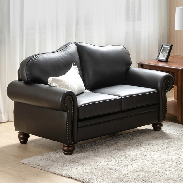 Wide Chesterfield Loveseat Genuine Leather Sofa With Nailhead Trim And Rolled Armrests a b Artful Living Design