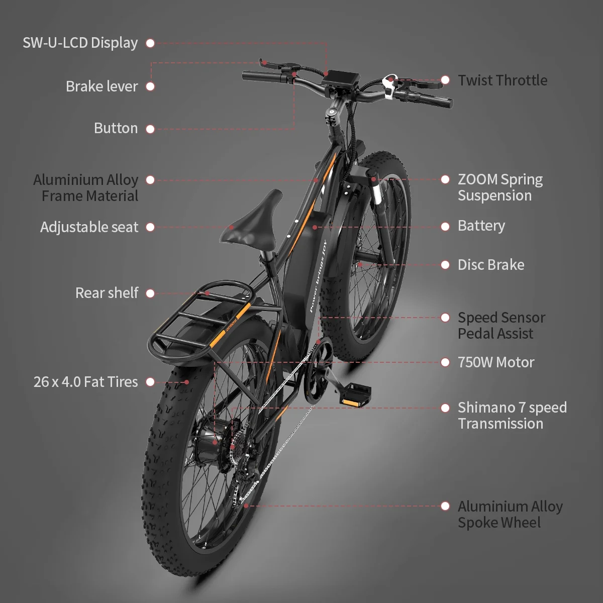 26 In.48V 13Ah 750W Mountain Electric Bikes for Adults Men, 26