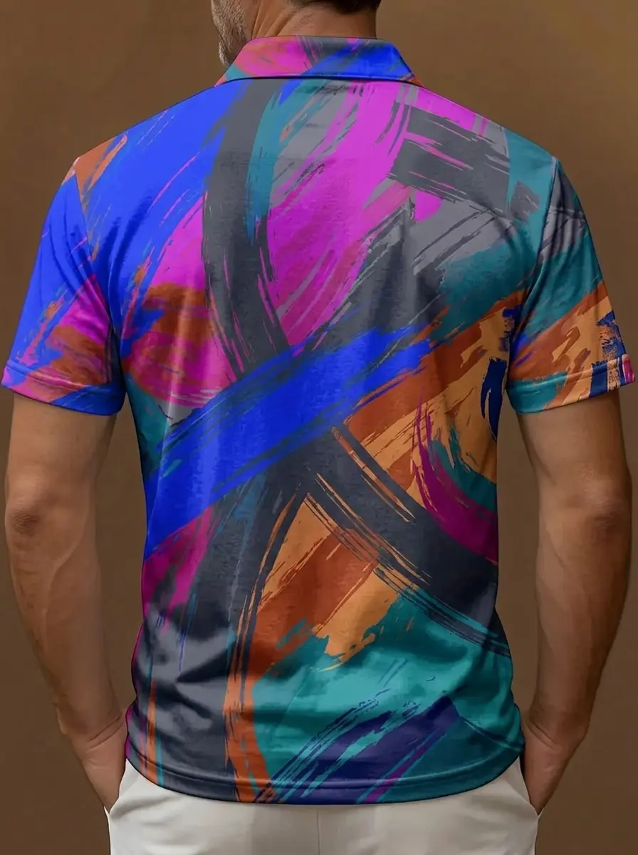 Multicolor Brushstroke Abstract Print Short Sleeve Golf Polo Shirt
