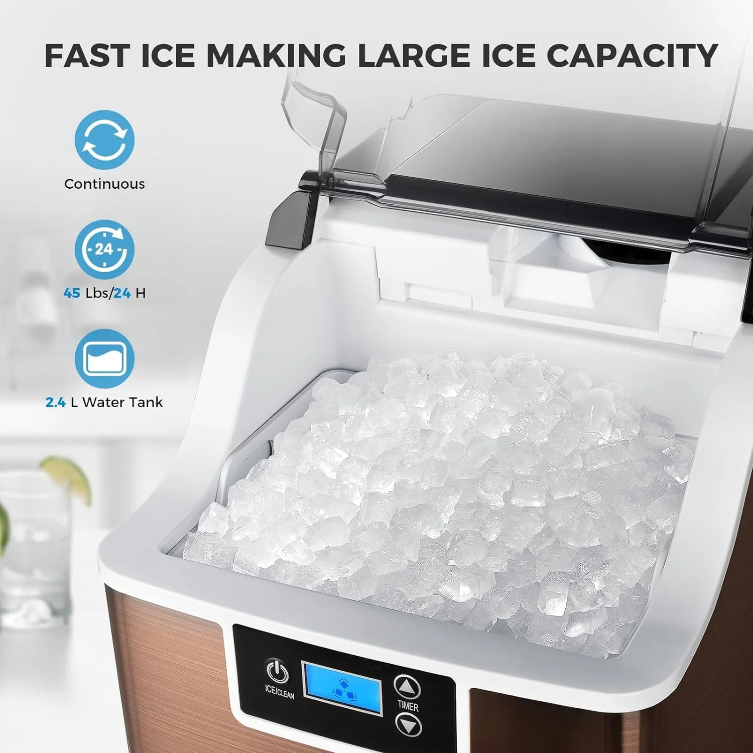 Ice Makers Countertop, 45lbs/Day Pebble Ice Maker Machine with 24-Hour Timer, Self-Cleaning Sonic ice Maker with Ice Scoop
