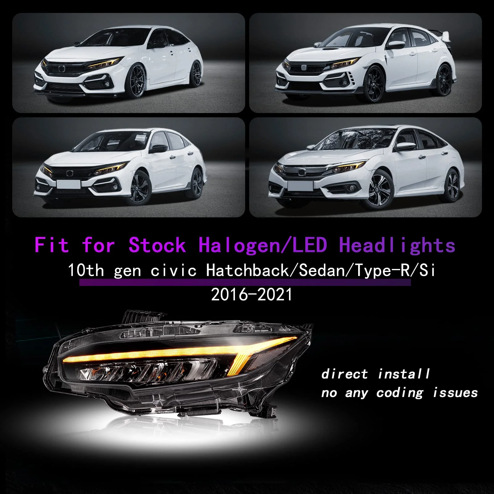 Full LED Headlights Assembly For 10th Gen Honda Civic 2016-2022